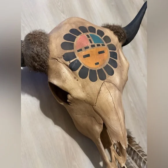 Vintage 90s Life Size Native American Steer Bull Horns Hand Painted Ceramic